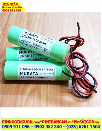 Murata 18650-1600mAh, Pin sạc Lithium 3.7v Murata 18650-1600mAh (đã gắn sẳn dây điện Đỏ Đen)